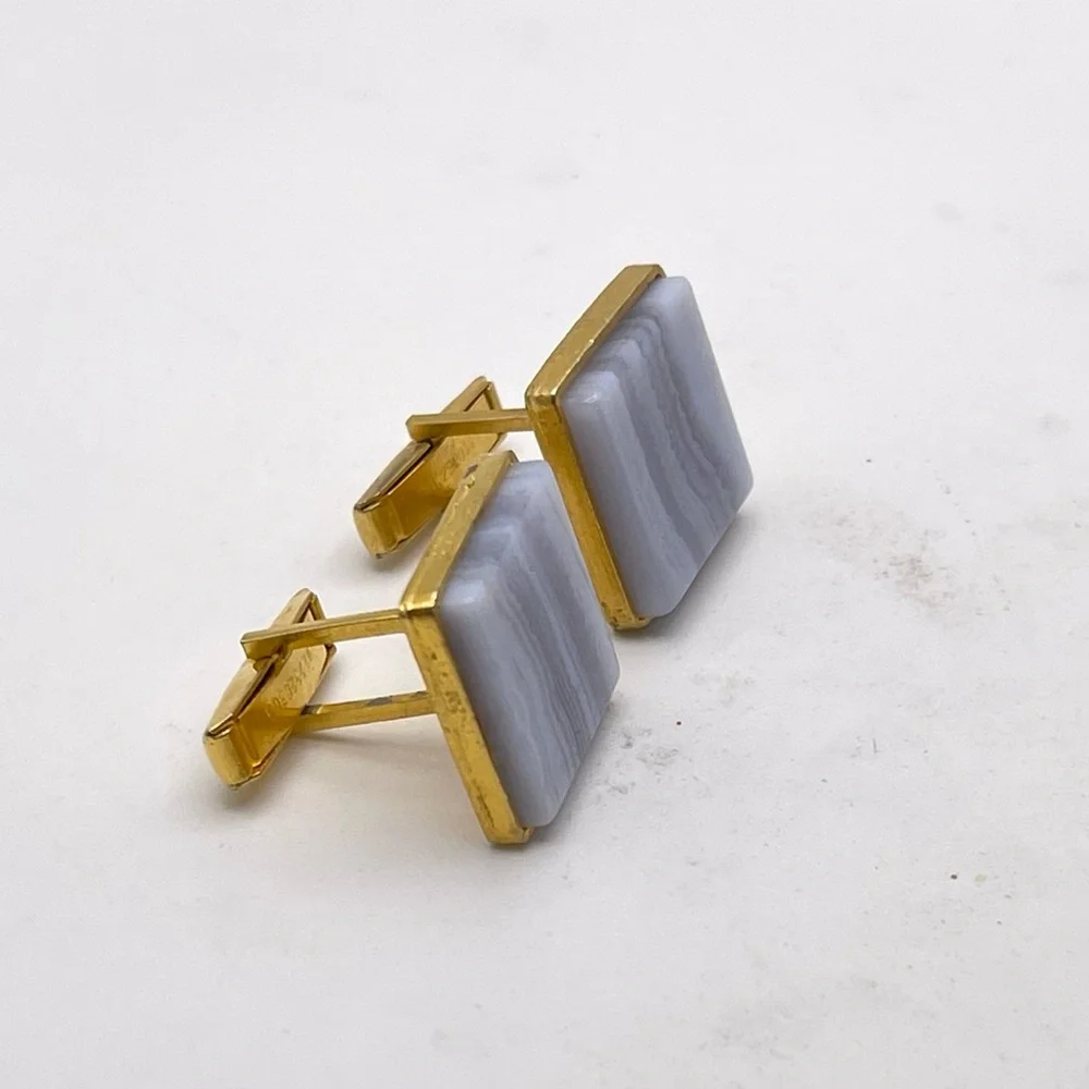Fabulous Vintage Genuine Polished Blue Lace and Gold Tone Cufflinks